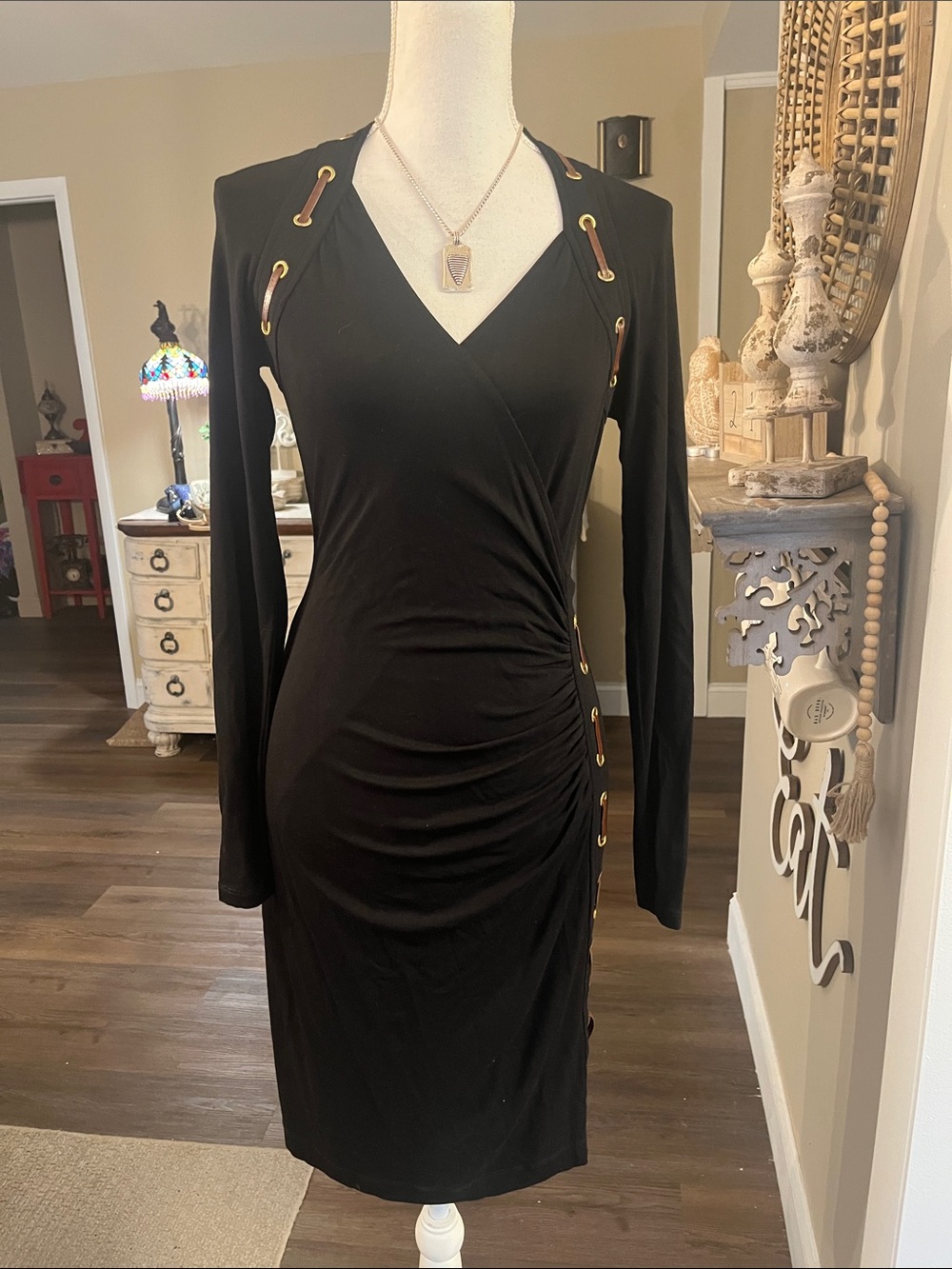 Carmen Marc Valvo Black Long-Sleeve V-Neck Dress with Gold Eyelet Accents